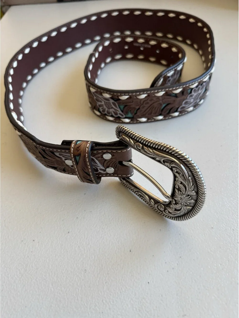 Nocona Women's Western Floral Belt XL Brown/White/Turquoise Adjustable Buckle